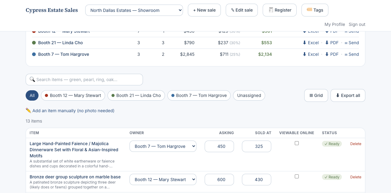 Table view of items with a Viewable online checkbox column