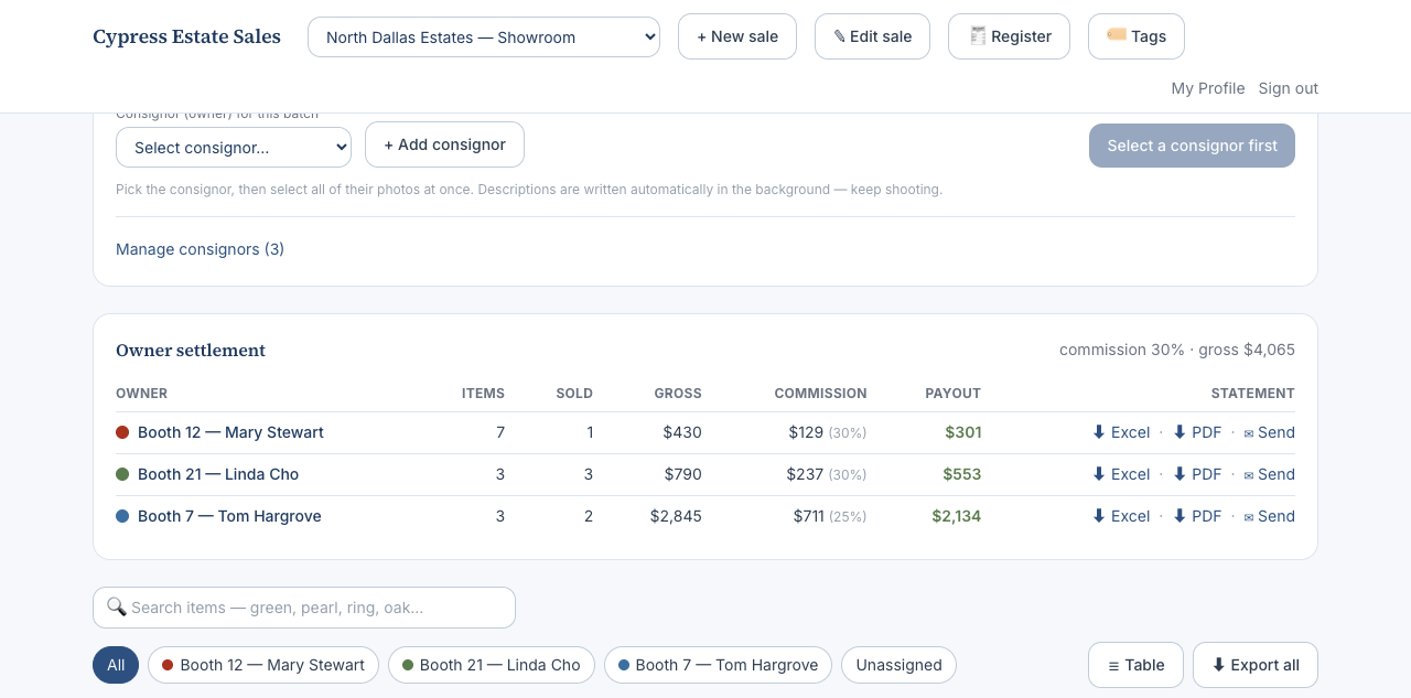 Owner settlement table with per-owner gross, commission, and payout