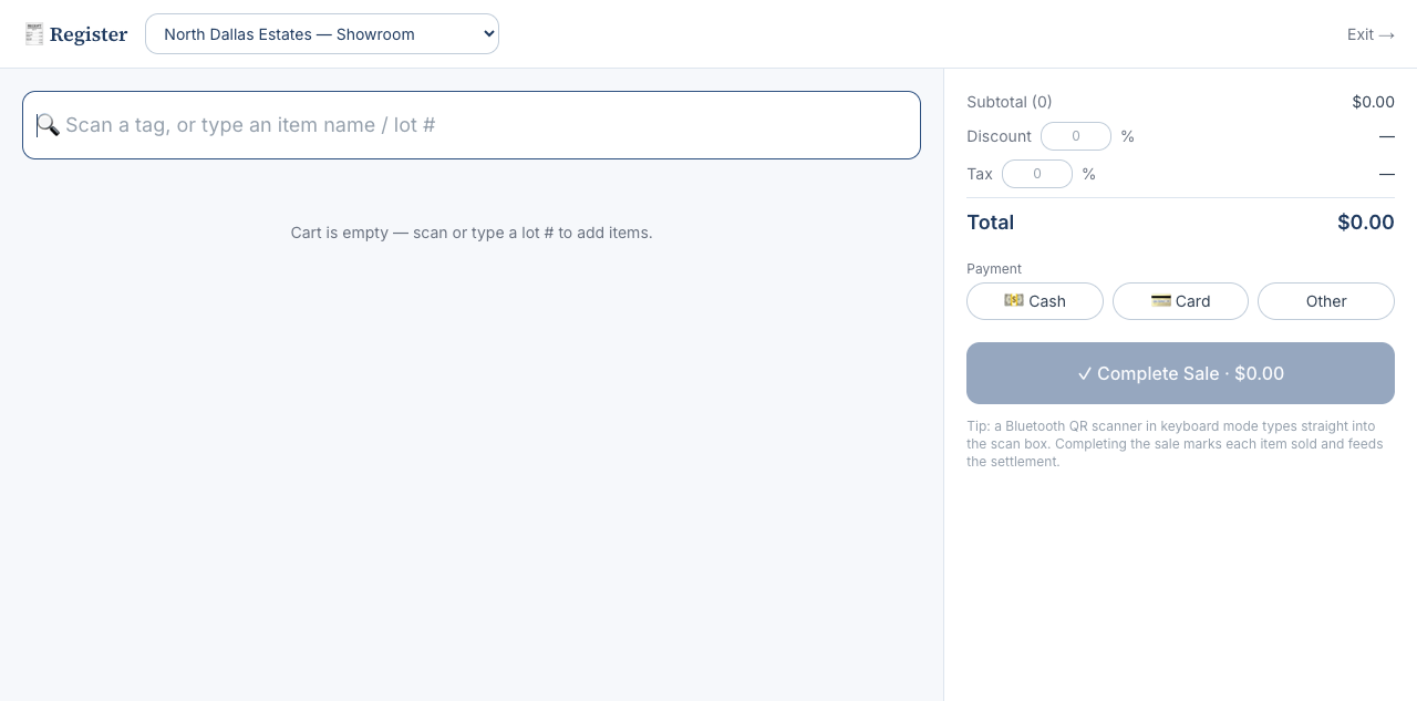 Point-of-sale register: scan box, cart, totals, and tender options