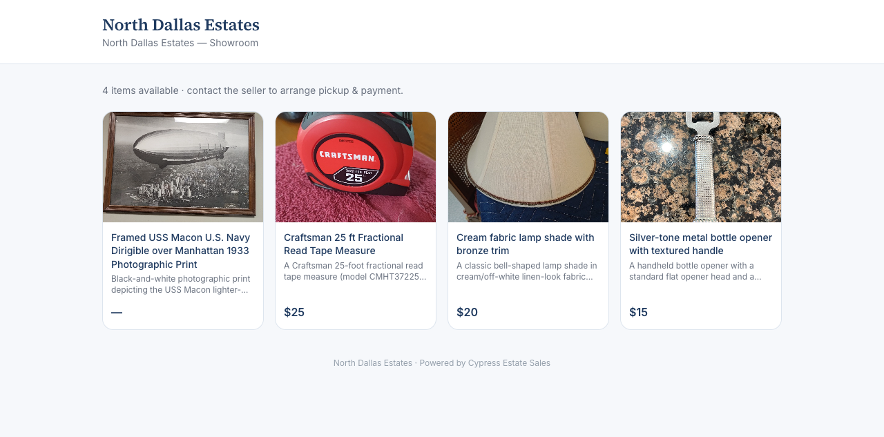 Public storefront showing items with photos, descriptions, and asking prices